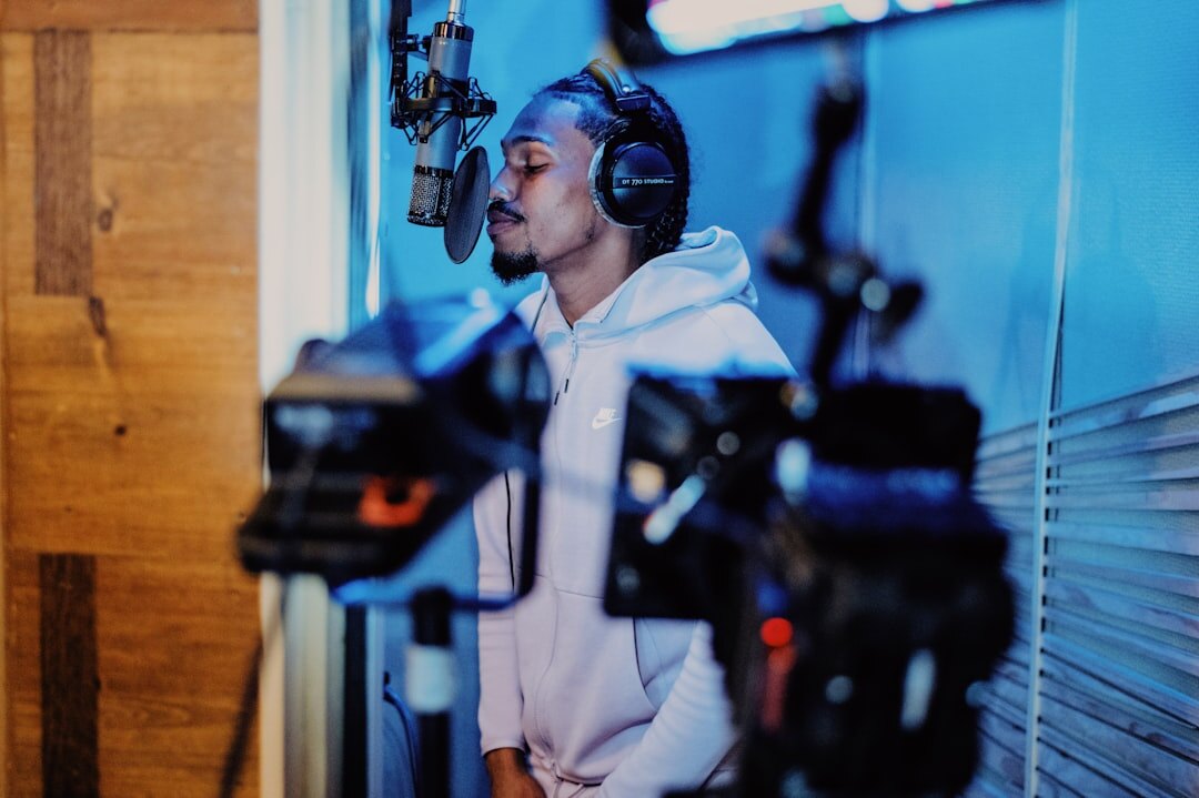 Television presenter recording a segment in a studio set